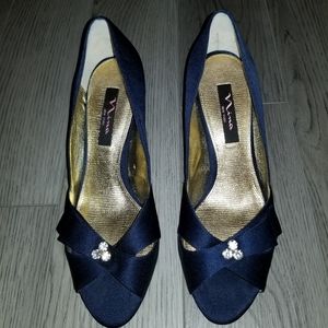 Nina Navy blue Satin Heel with Rhinestone accent